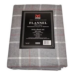 BIBB Home Twin Size Gray Checkered Cotton‎ Flannel Sheet Set 3pc